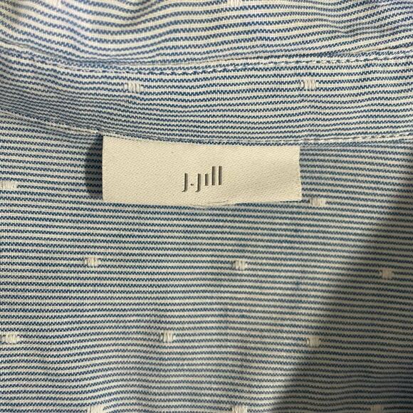 J Jill Top Women Blue Collar Embroidered Dots‎ Pinstripe Button Up Pocket Cotton - Picture 2 of 12